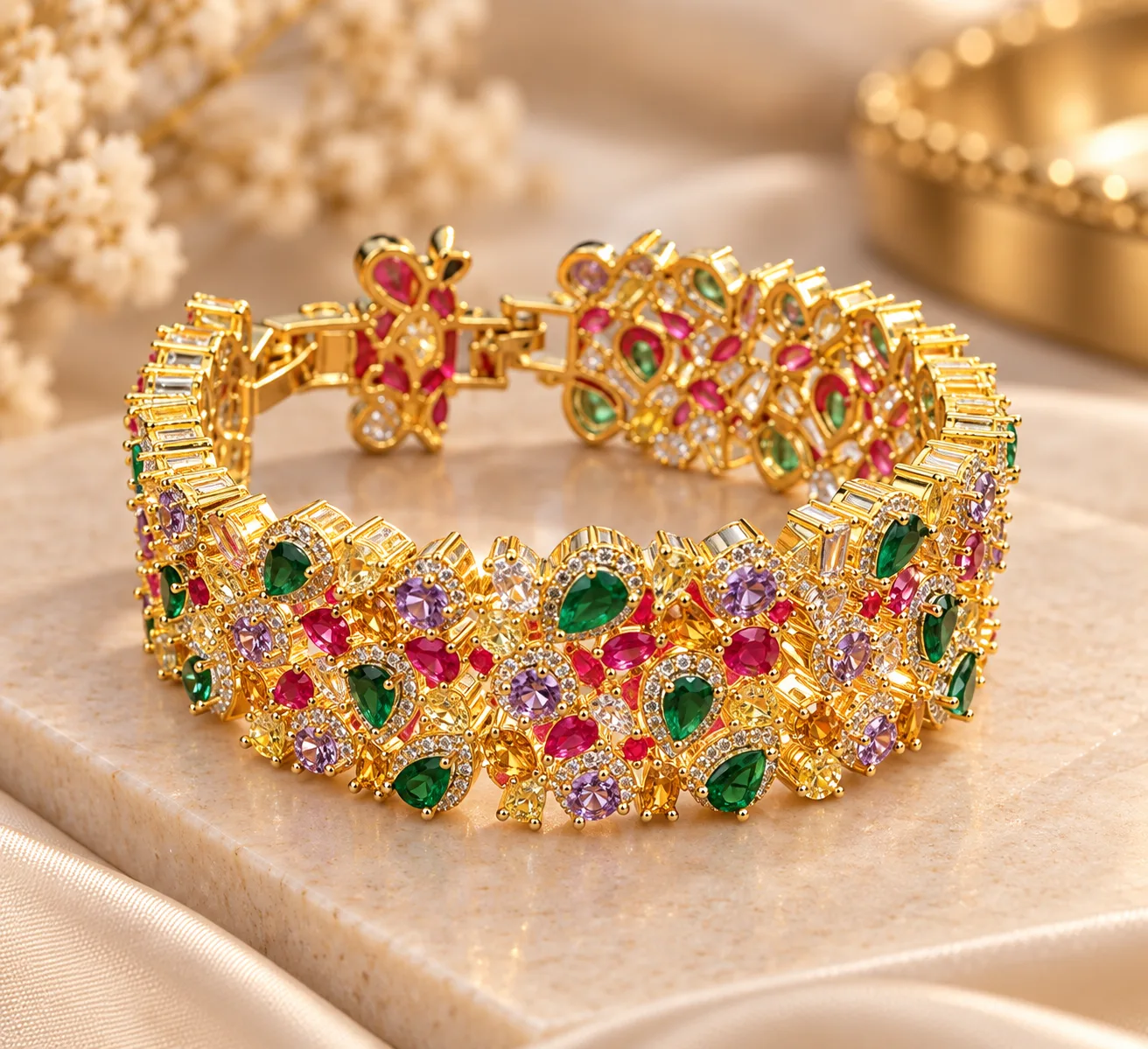 Royal Bloom 18K Gold Plated Zirconia Bracelet (5) Elegant 18K Gold Plated Zirconia multicolour bracelet with green, pink and purple stones