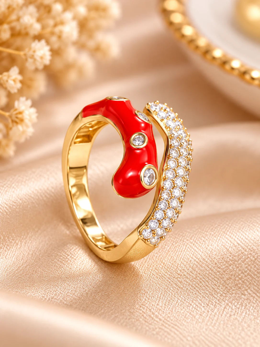 Ruby Glow Red Enamel Gold Tone Ring (1) Red enamel gold tone ring with sparkling clear stones