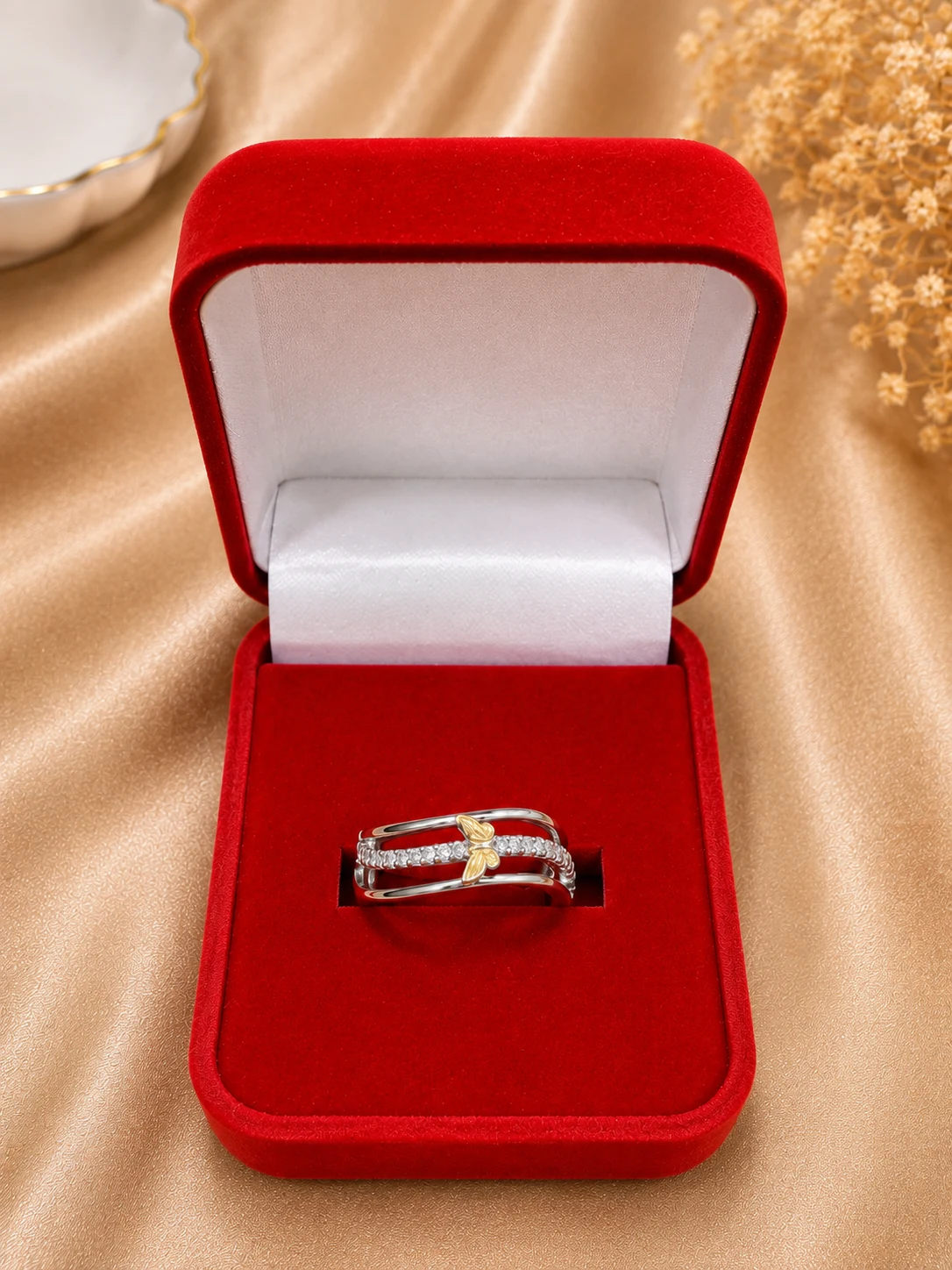 Silver Double Band Zirconia Floral Ring – Elegant Imitation Jewelry (1)