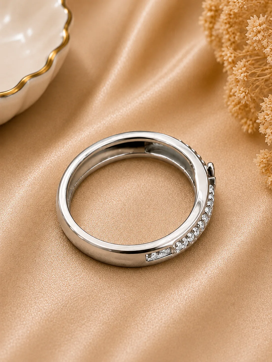 Silver Double Band Zirconia Floral Ring – Elegant Imitation Jewelry (4)