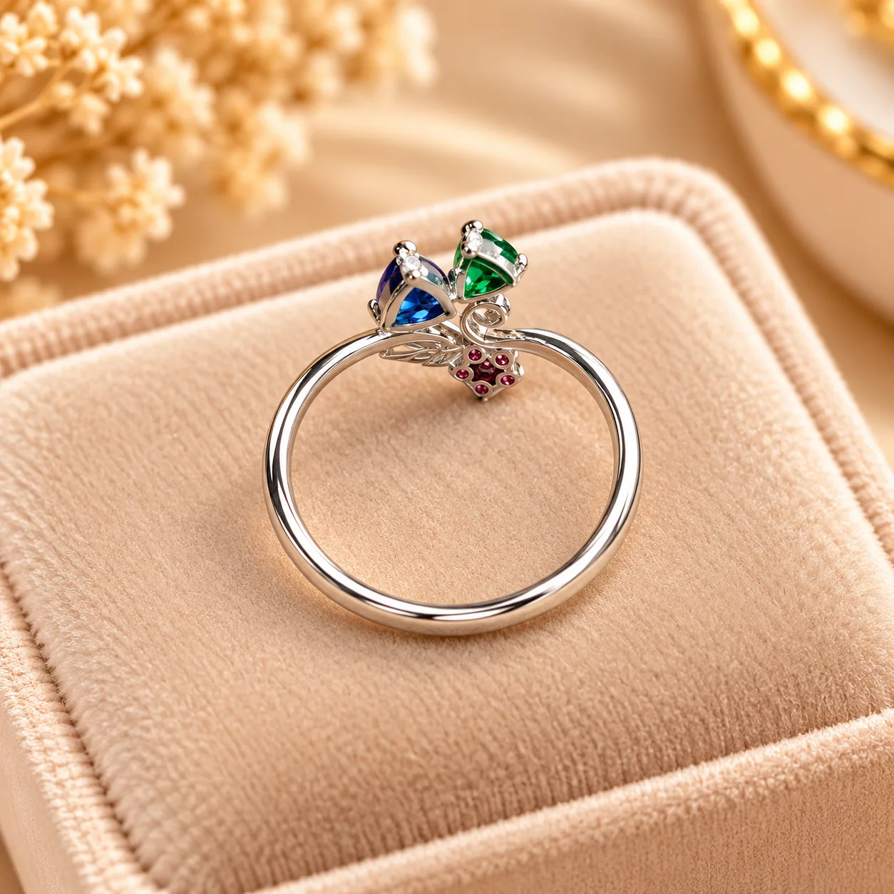Silver Tone Floral Garden Ring (1) Silver tone floral gemstone ring with blue, green and pink stones