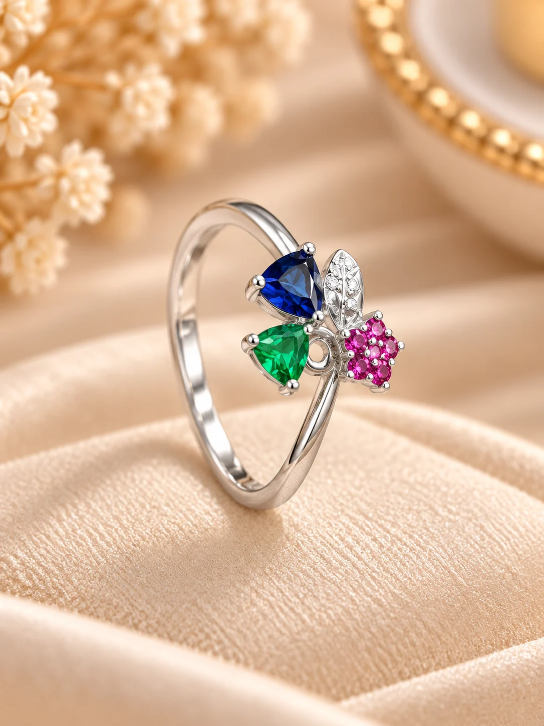 Silver Tone Floral Garden Ring (3) Silver tone floral gemstone ring with blue, green and pink stones