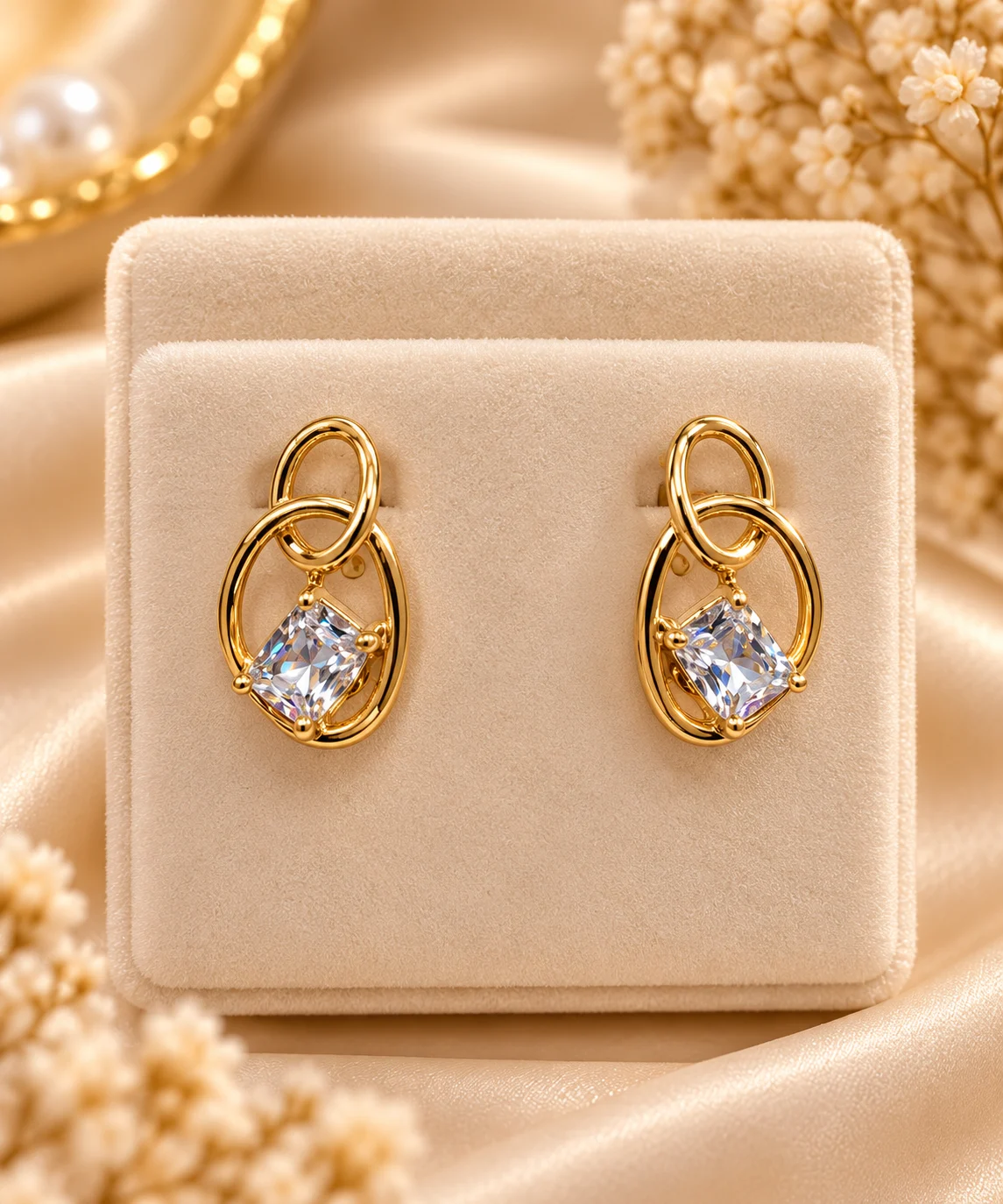 Stunning 18K Gold Plated Zirconia Earrings (2) Stunning 18K Gold Plated Zirconia Earrings with linked loops and faceted center stones