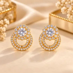 Stunning 18K Gold Plated Zirconia Earrings with floral-inspired centre and sparkling circular drop design