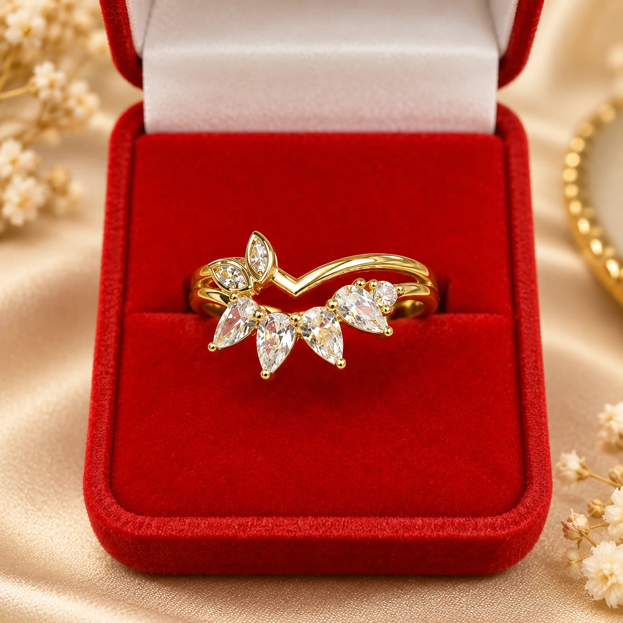 Stunning Bloom Gold Tone Floral Ring (1) Gold tone floral ring with sparkling clear leaf-shaped stones