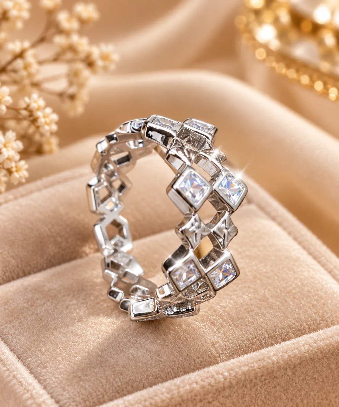 Stunning Geometric Silver Tone Statement Ring (2) Silver tone geometric statement ring with clear stones and open design