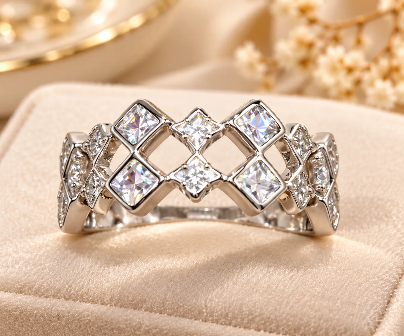 Stunning Geometric Silver Tone Statement Ring (3) Silver tone geometric statement ring with clear stones and open design