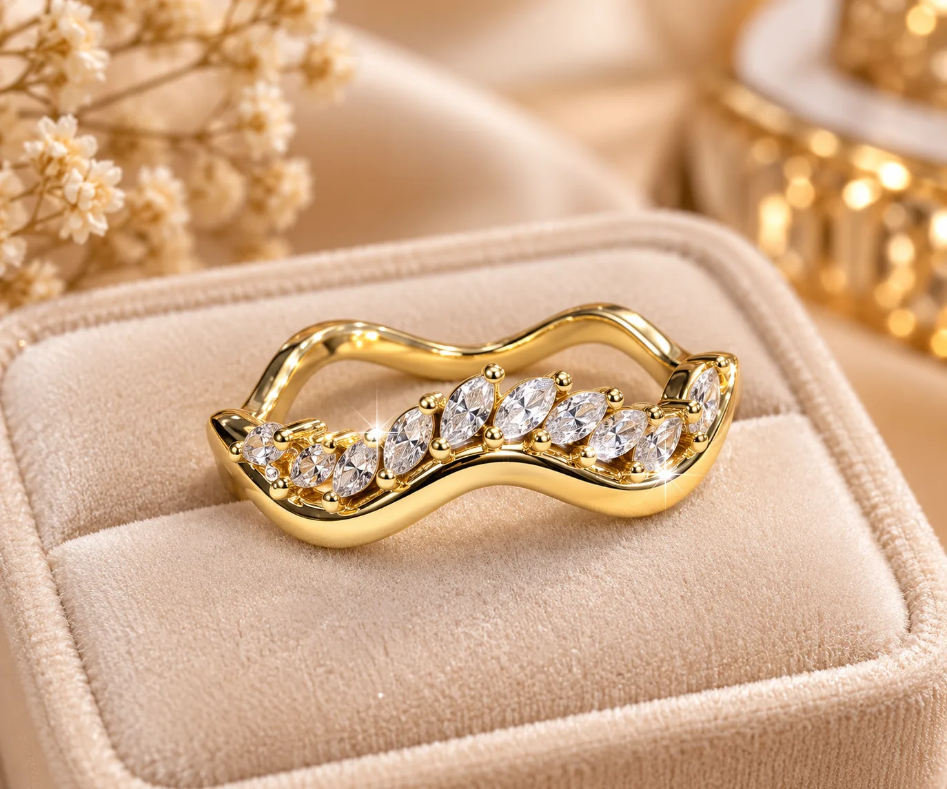 Stunning Wavy Crystal Gold Tone Ring (2)