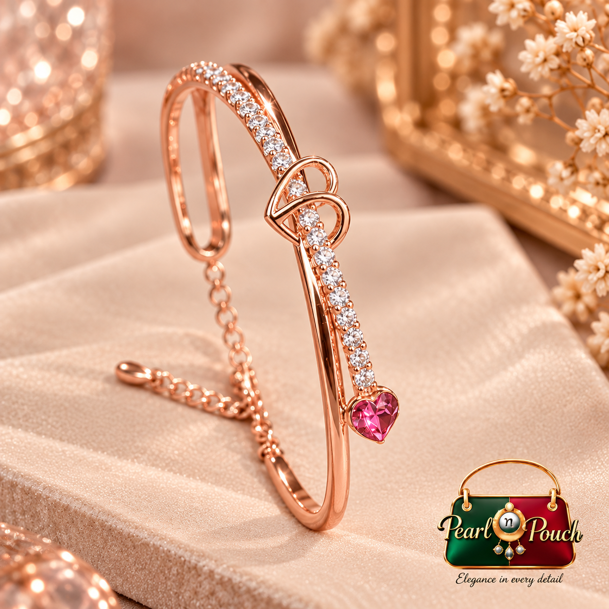 Stunning ZUPING 18K Rose Gold Plated Zirconia Bracelet (2) Stunning 18K Rose Gold Plated Zirconia Bracelet by ZUPING with 0.5 cm pink heart stone