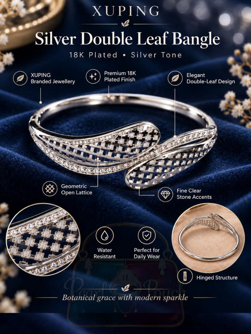 XUPING 18K Plated Silver Tone Double Leaf Bangle with lattice details XUPING 18K Plated Silver Tone Double Leaf Bangle with lattice details
