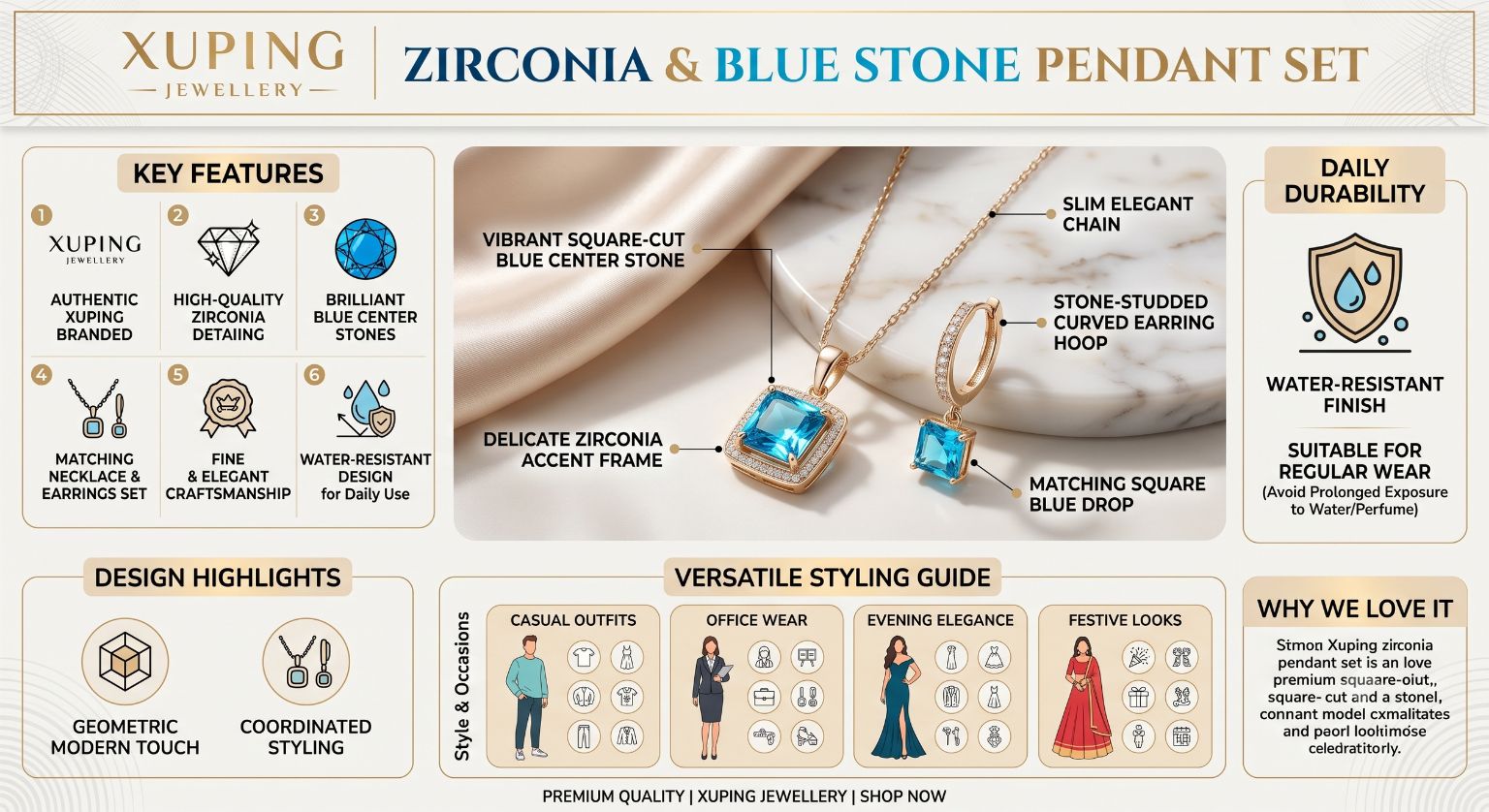 XUPING zirconia pendant set with blue stones and matching earrings for daily wear XUPING zirconia pendant set with blue stones and matching earrings for daily wear