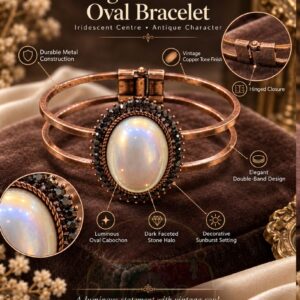 Vintage Copper Tone Oval Cabochon Metal Bracelet with dark halo stones