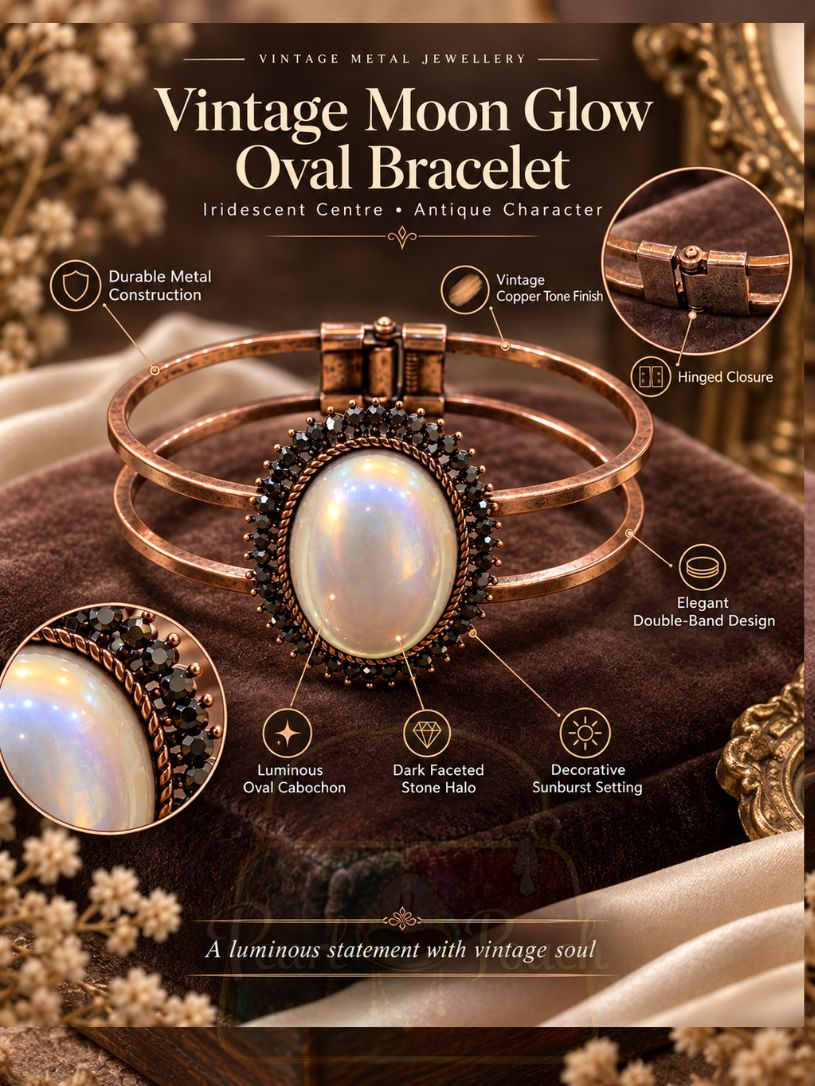 Vintage Copper Tone Oval Cabochon Metal Bracelet with dark halo stones Vintage Copper Tone Oval Cabochon Metal Bracelet with dark halo stones