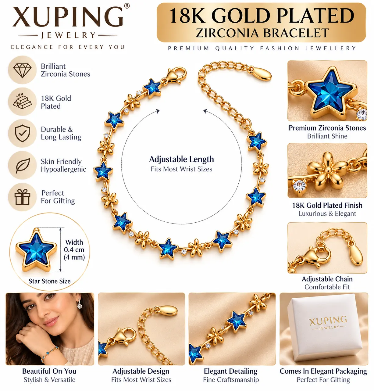 XUPING 18K Gold Plated Blue Star Zirconia Bracelet (2)