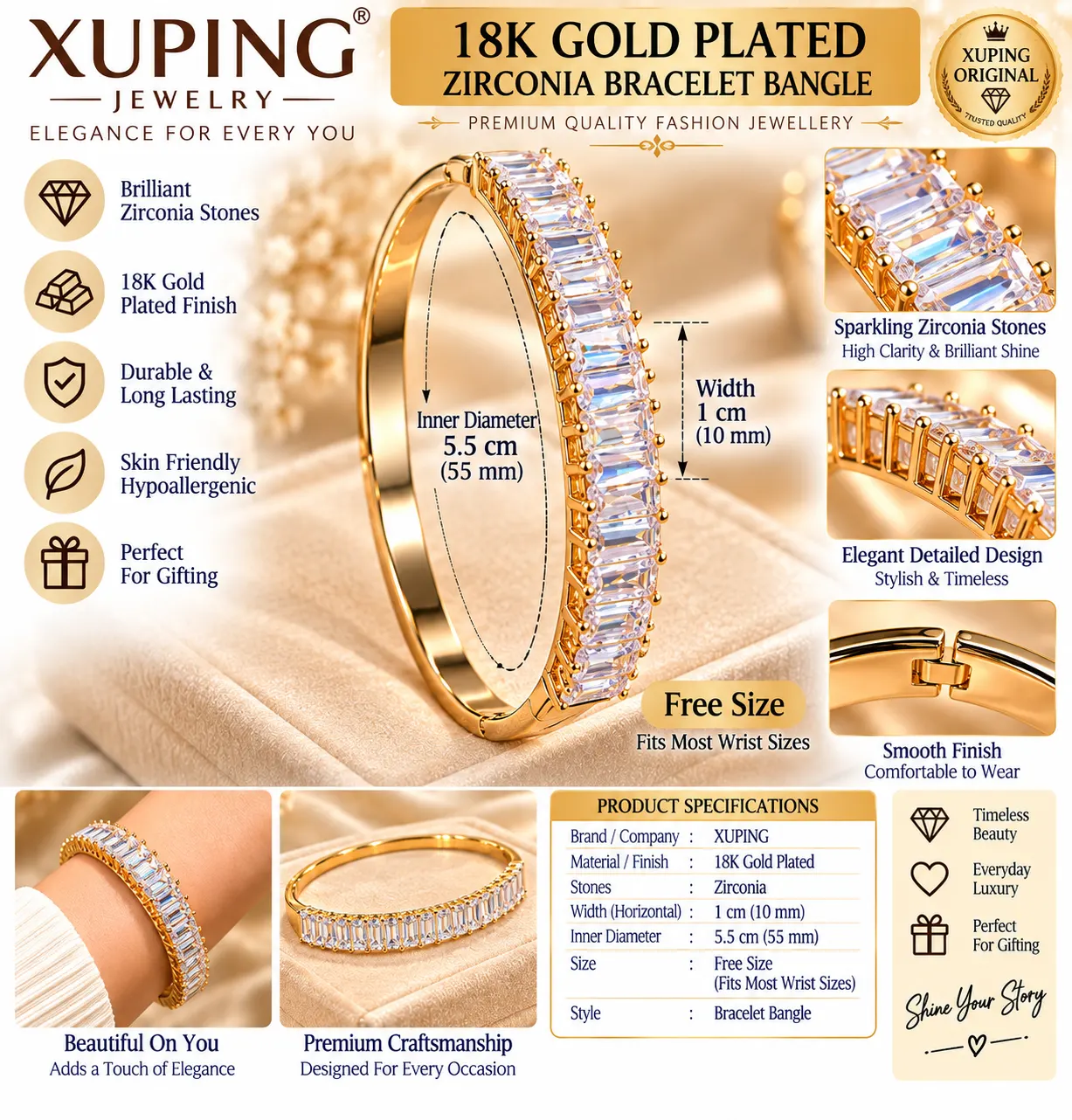 XUPING 18K Gold Plated Rectangular Zirconia Bangle (6)