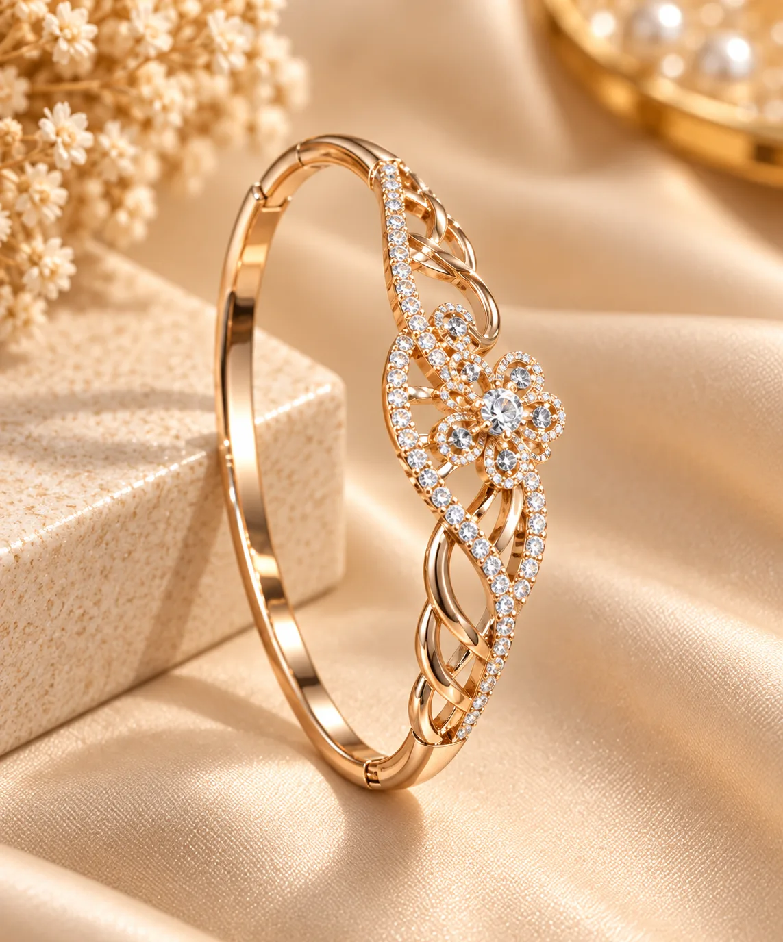 XUPING Floral 18K Gold Plated Zirconia Bangle (2) Elegant 18K Gold Plated Zirconia Bracelet Bangle by XUPING with Floral Design