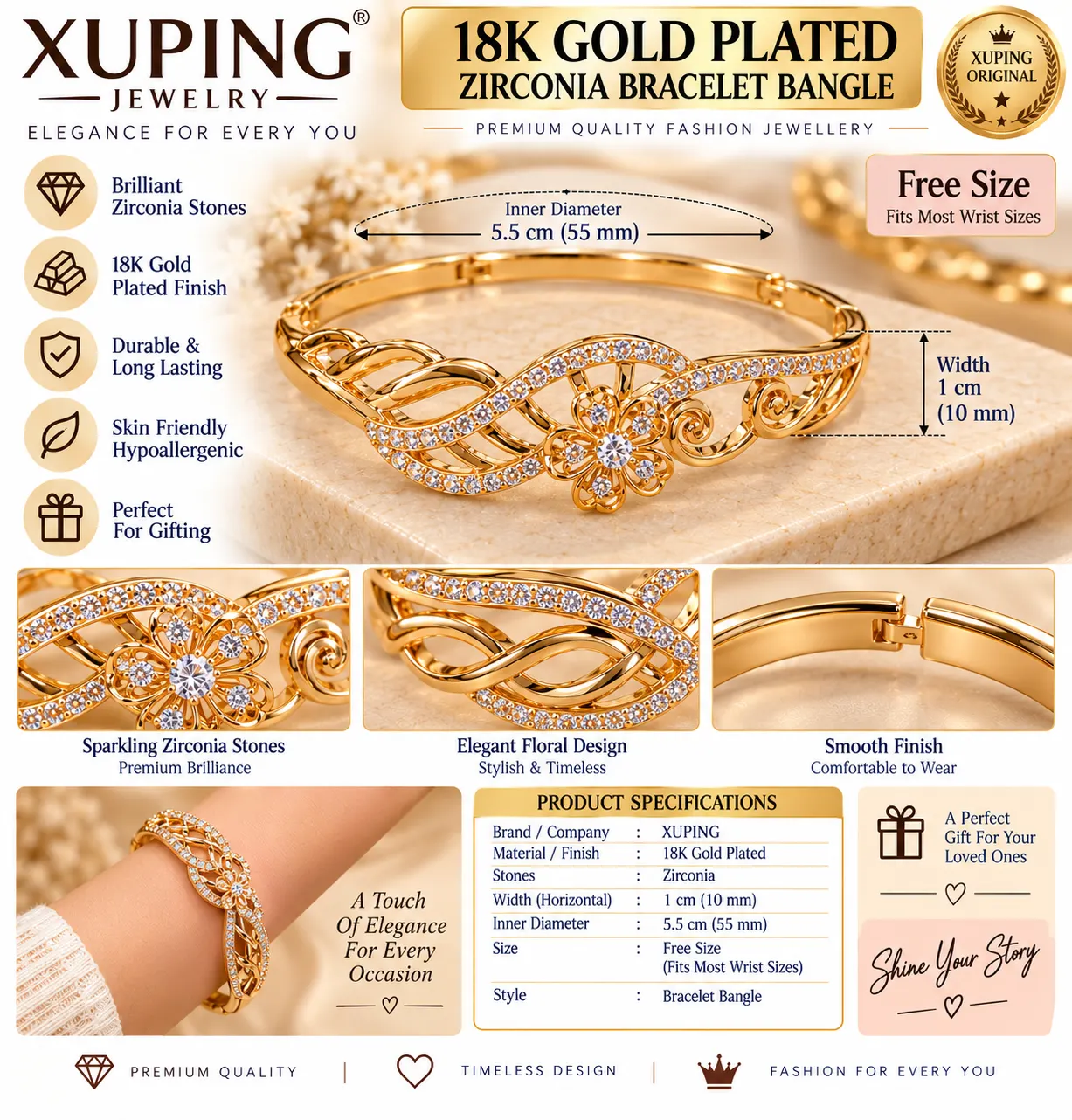 XUPING Floral 18K Gold Plated Zirconia Bangle (5)