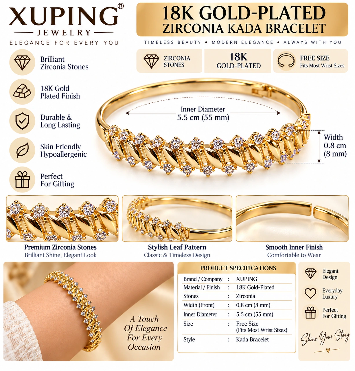 XUPING Leaf Luxe 18K Gold Plated Zirconia KADA Bracelet (7)