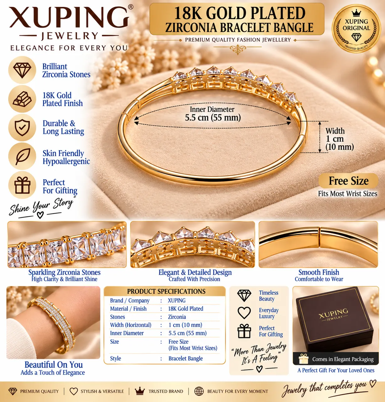 XUPING Radiant 18K Gold Plated Zirconia Bangle (4)