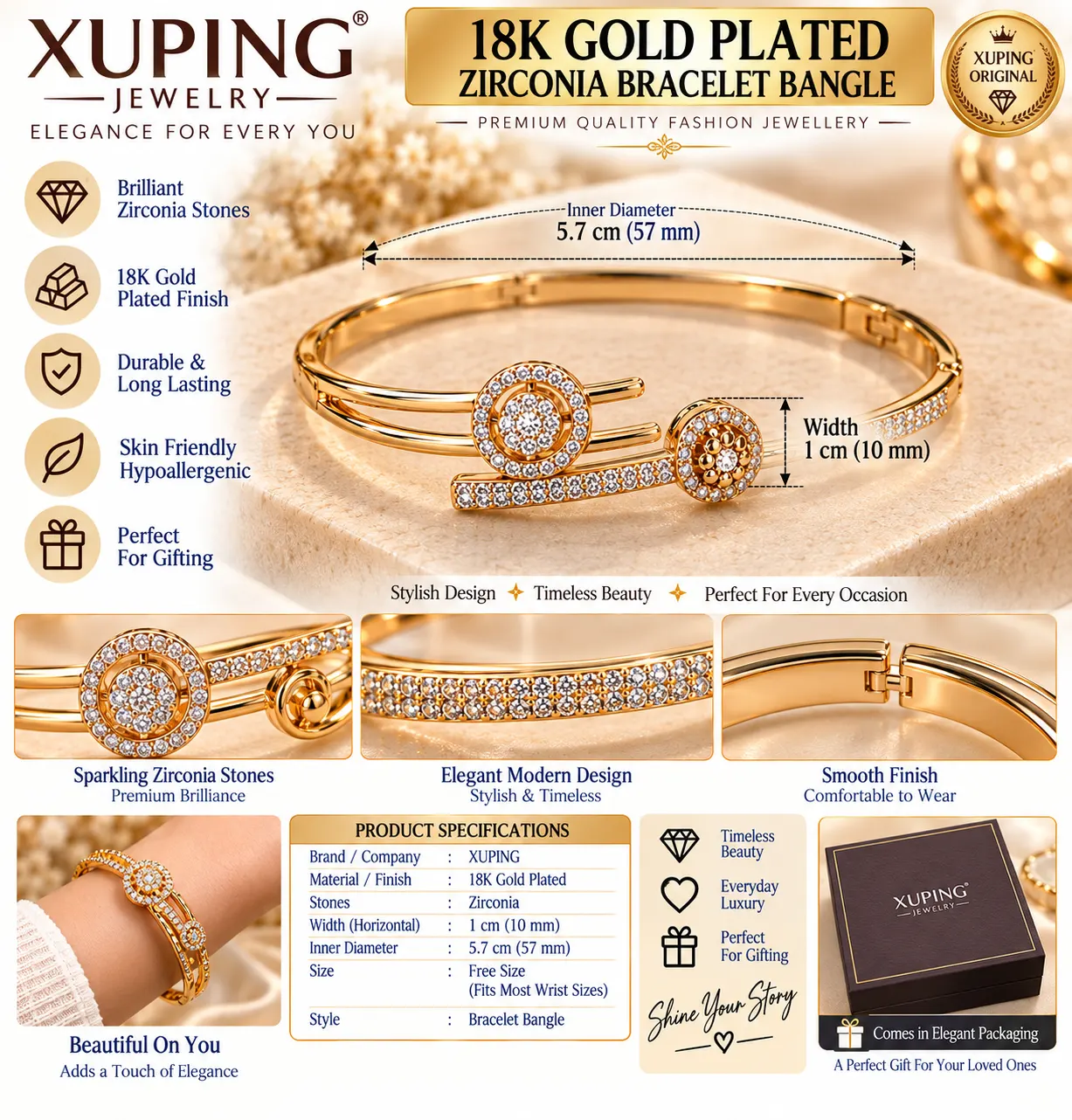 XUPING Radiant 18K Gold Plated Zirconia Bracelet Bangle (6)