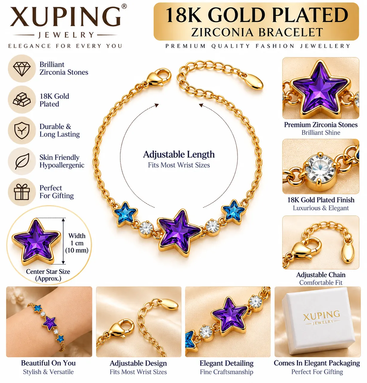 XUPING Starburst 18K Gold Plated Zirconia Bracelet (3)