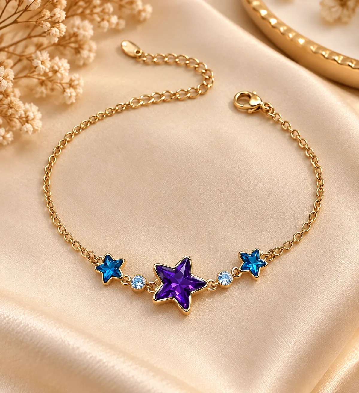 XUPING Starburst 18K Gold Plated Zirconia Bracelet (4) Premium 18K Gold Plated Zirconia Bracelet with purple centre star and blue star accents