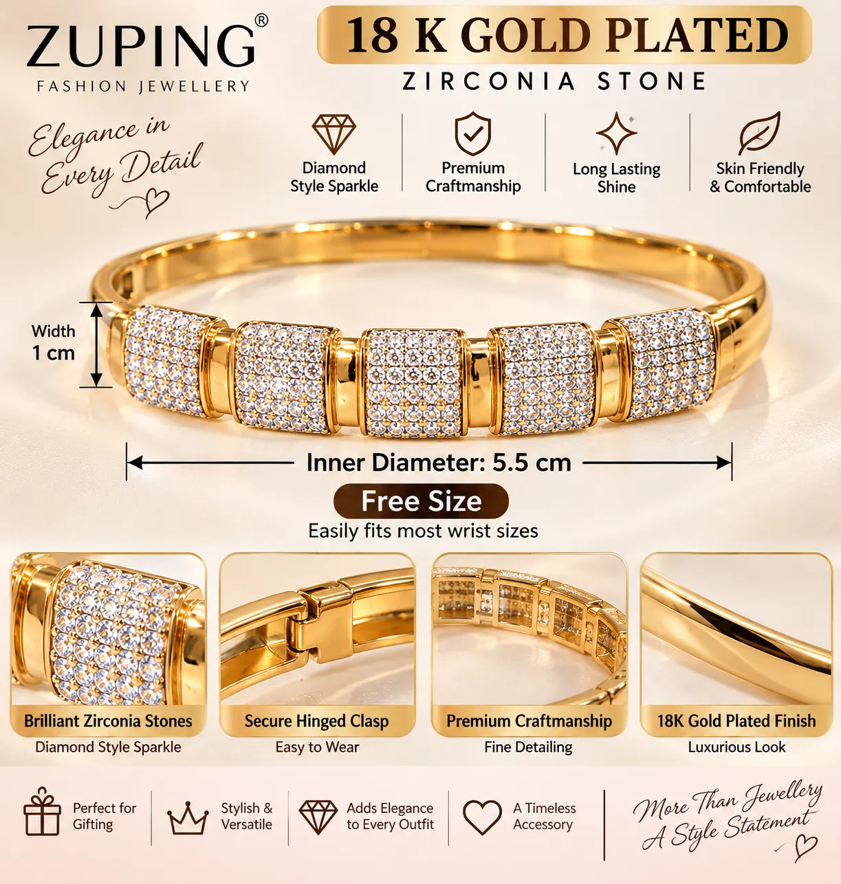 ZUPING 18K Gold Plated Zirconia Diamond-Style Kada (6)
