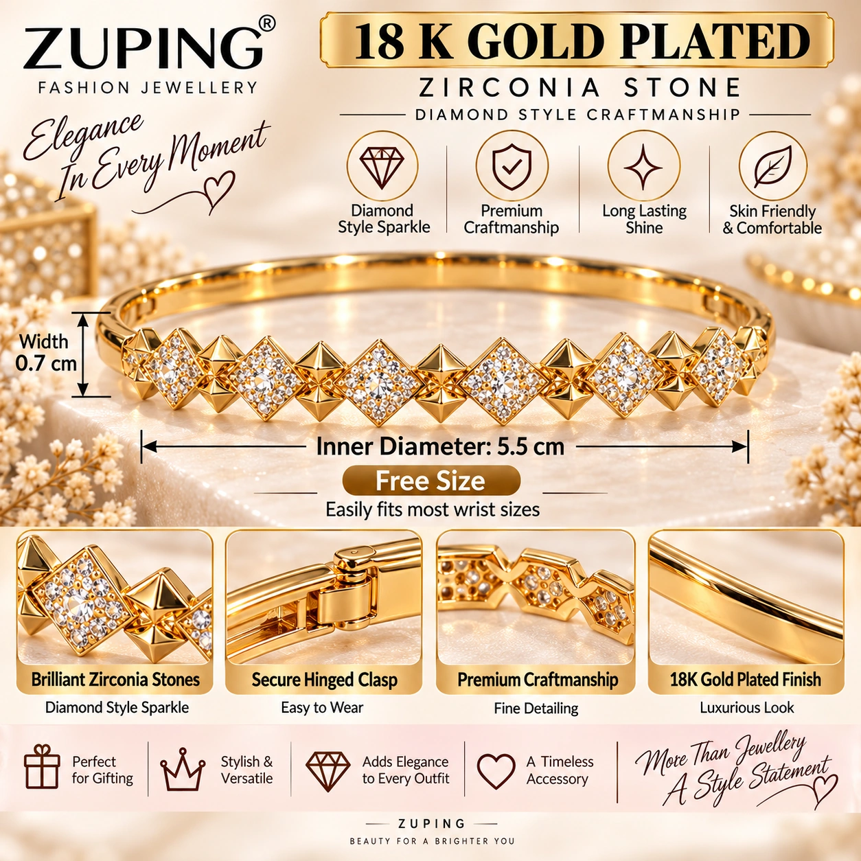 ZUPING Stunning Gold-Plated Zirconia Bracelet (8)