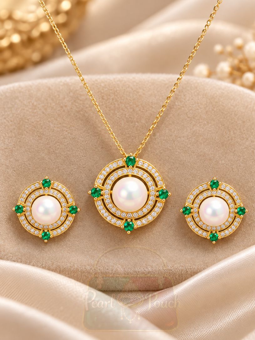 Zirconia pendant set with green crystal beads and matching earrings in gold tone finish Zirconia pendant set with green crystal beads and matching earrings in gold tone finish