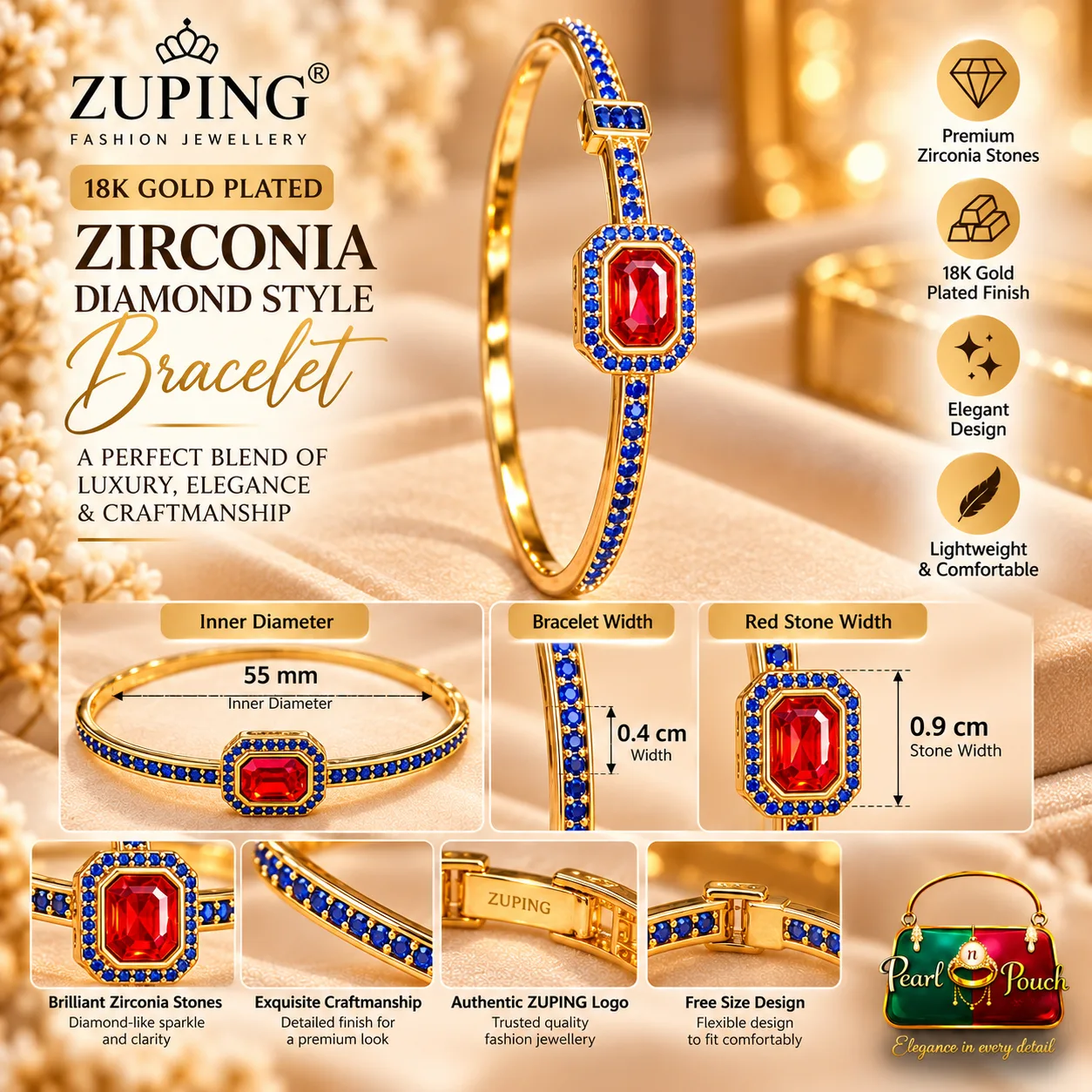 Zuping 18K Gold Plated Red Zirconia Bracelet (3)