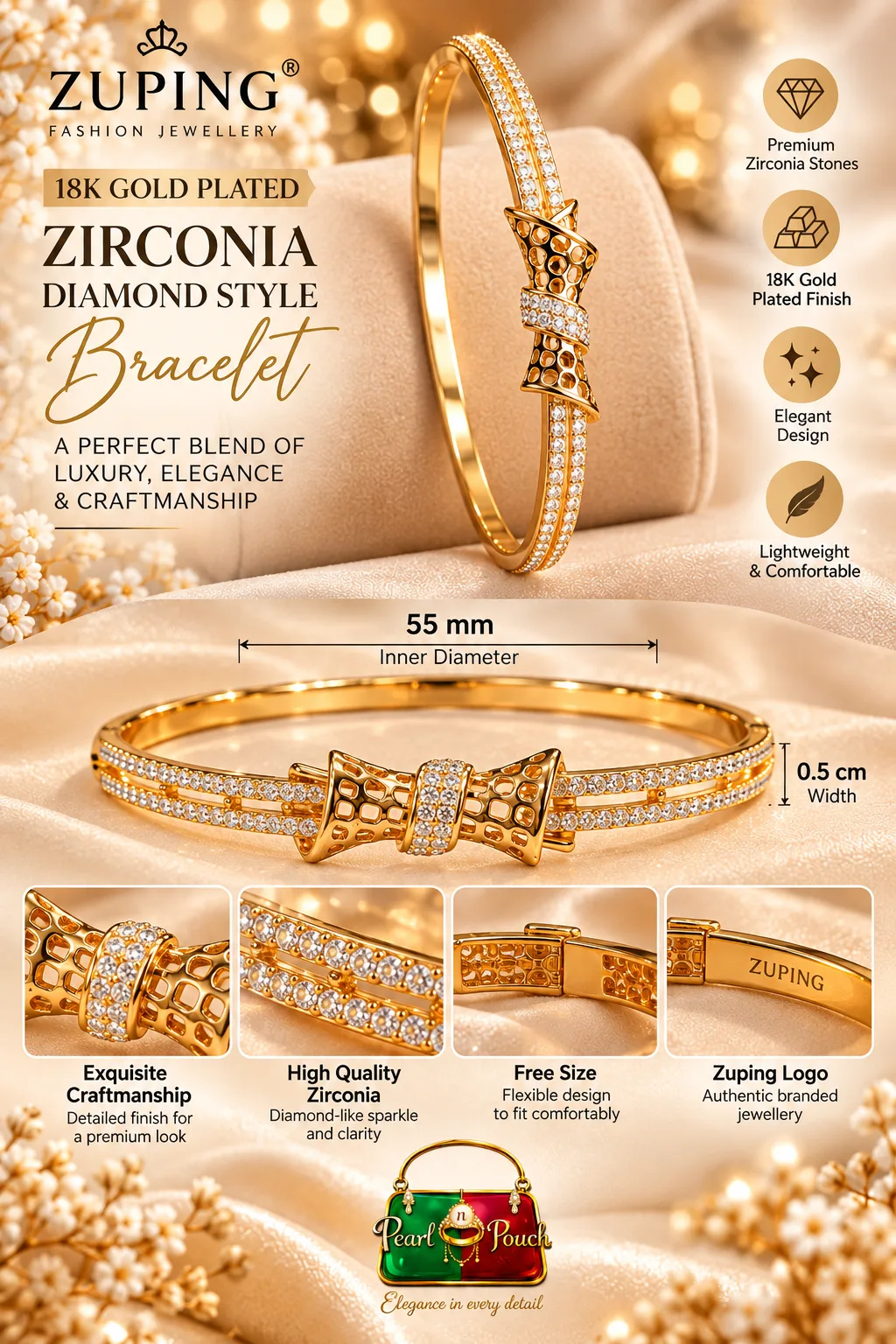 Zuping 18K Gold Plated Zirconia Bracelet (1) Premium 18K Gold Plated Zirconia Bracelet by Zuping with sparkling zirconia stones and an elegant central bow-inspired design