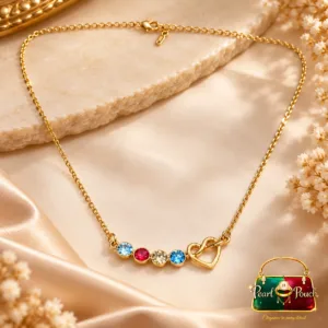 18K Gold Plated Multicolour Zirconia Heart Necklace with four colourful round stones and an infinity-inspired heart motif.