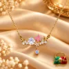18K Gold Plated Zirconia Butterfly Necklace with clear stones, a pink butterfly, floral accents and a dangling round stone by Pearl n Pouch.