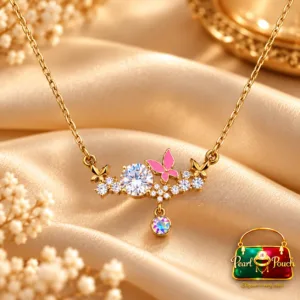 18K Gold Plated Zirconia Butterfly Necklace with clear stones, a pink butterfly, floral accents and a dangling round stone by Pearl n Pouch.