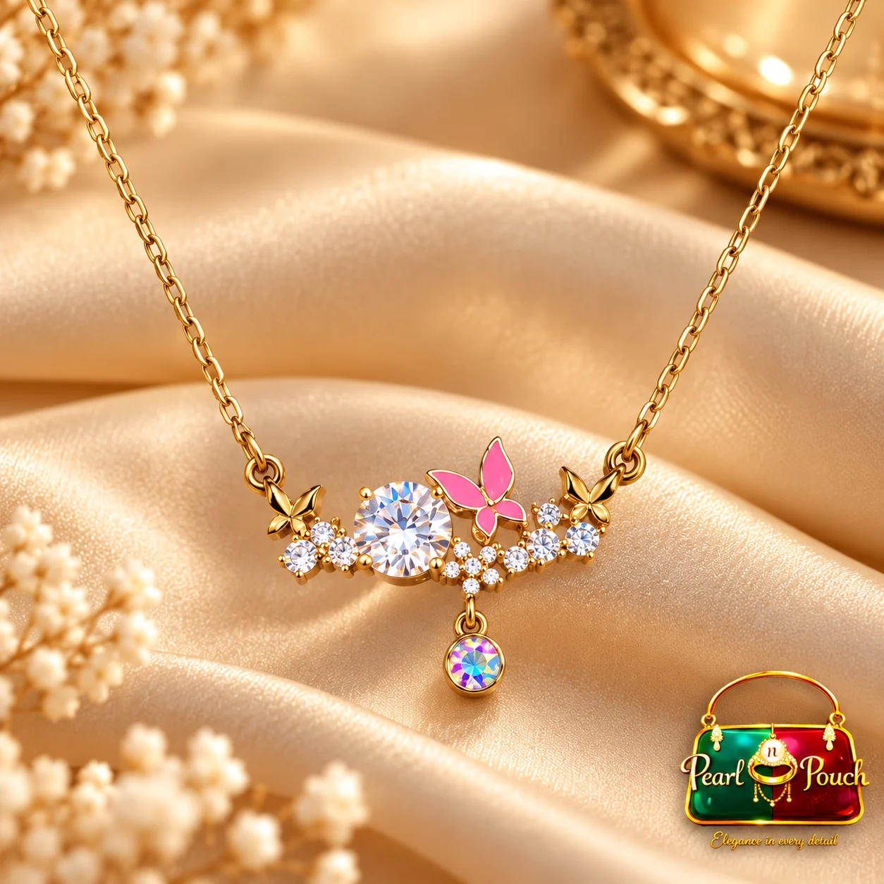 Elegant 18K Gold Plated Zirconia Butterfly Necklace (4) 18K Gold Plated Zirconia Butterfly Necklace with clear stones, a pink butterfly, floral accents and a dangling round stone by Pearl n Pouch.