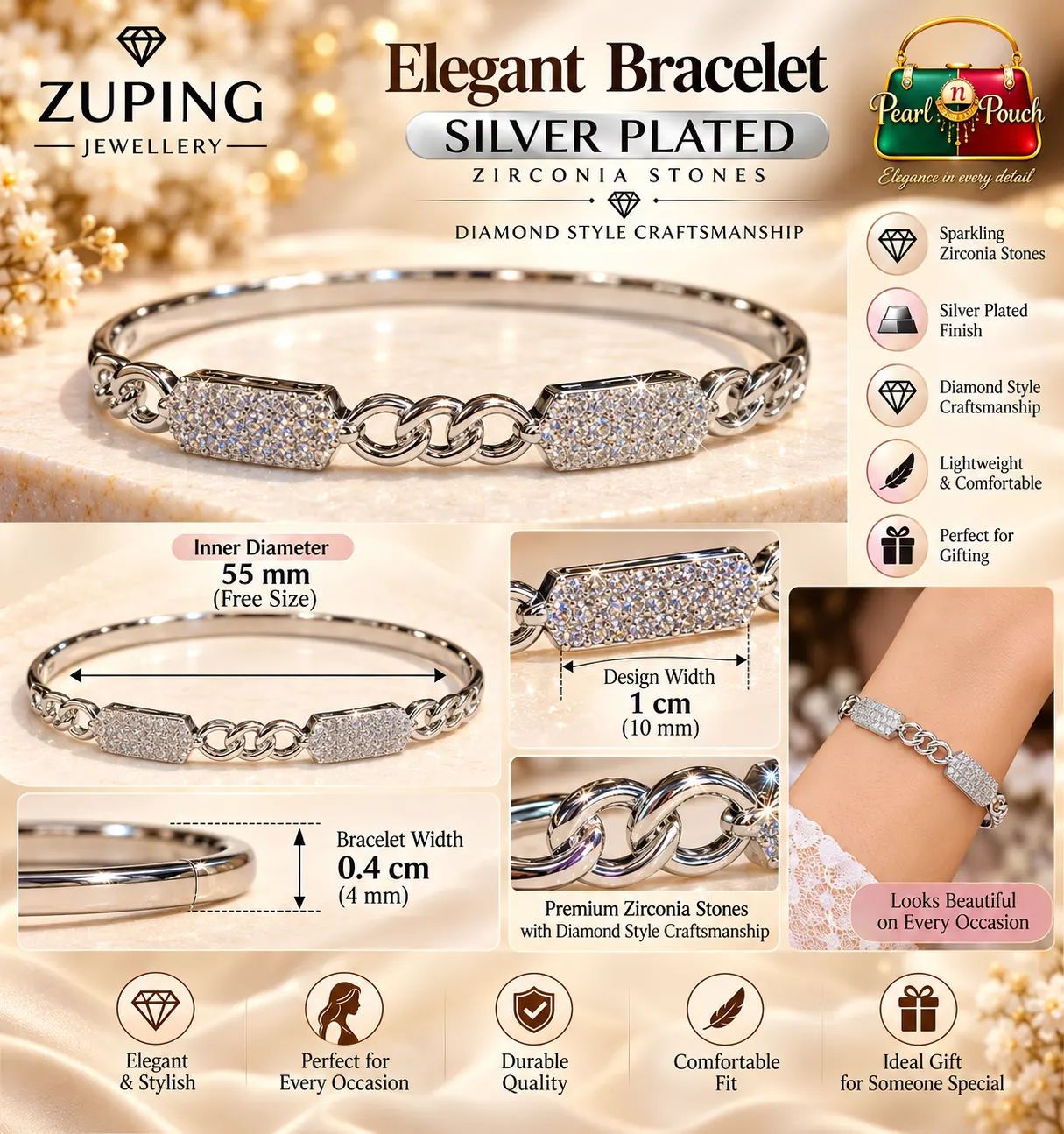 Elegant Silver-Plated Zirconia Bracelet by Zuping (1)