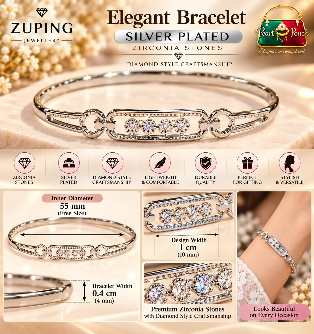 Elegant Silver-Plated Zirconia Bracelet by Zuping (4)