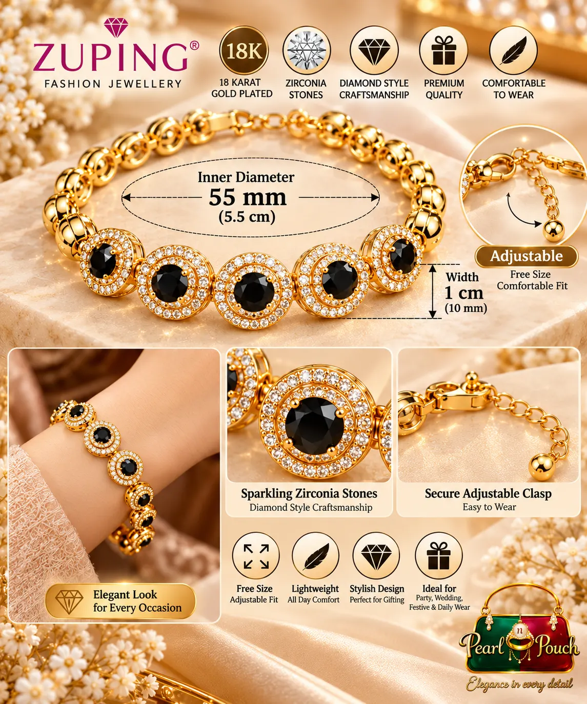 Elegant Zuping 18K Gold Plated Black Zirconia Bracelet (3)