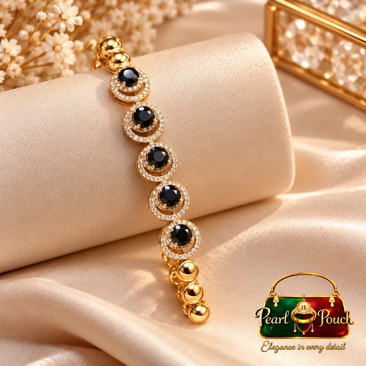 Elegant Zuping 18K Gold Plated Black Zirconia Bracelet (6) Elegant 18K Gold Plated Black Zirconia Bracelet by Zuping with circular black stones and sparkling zirconia detailing