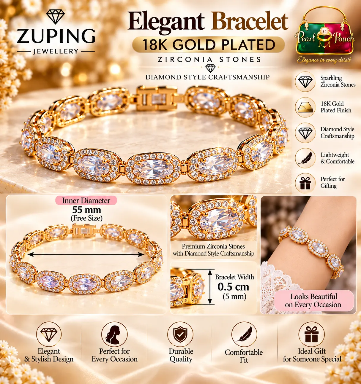 Elegant Zuping 18K Gold Plated Zirconia Bracelet (4)