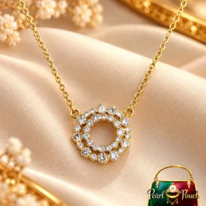 Premium 18K Gold Plated Zirconia Circle Necklace by Zuping with a 1.5 cm circular pendant and sparkling clear zirconia stones