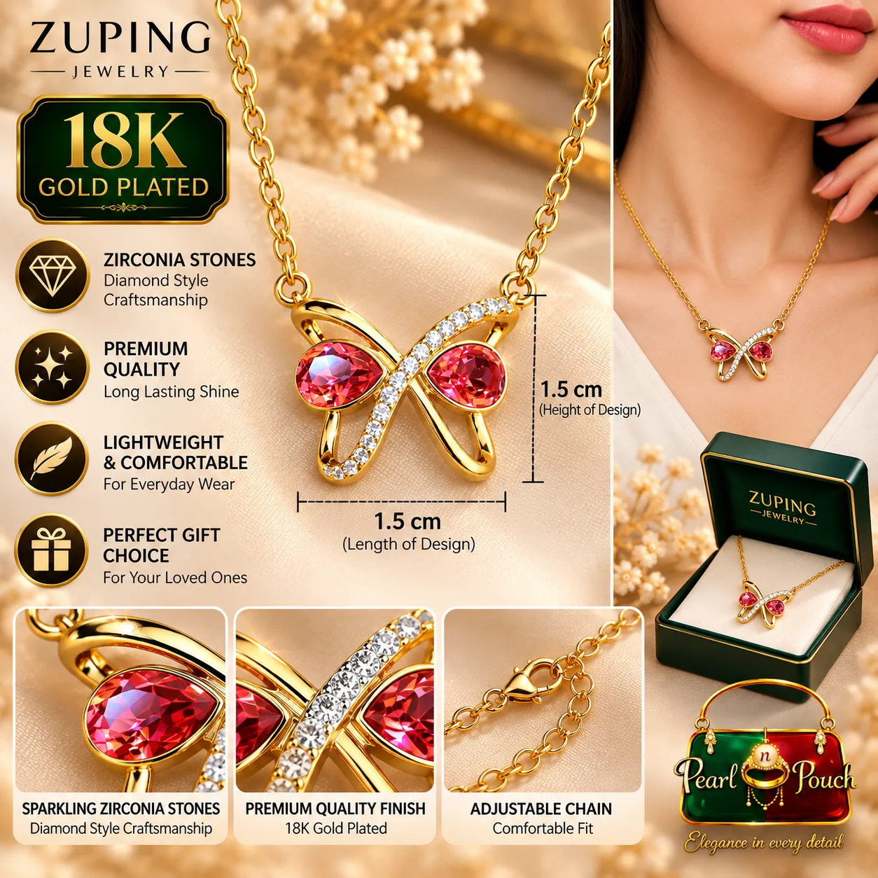 Elegant Zuping 18K Gold Plated Zirconia Green Stone Necklace (2)