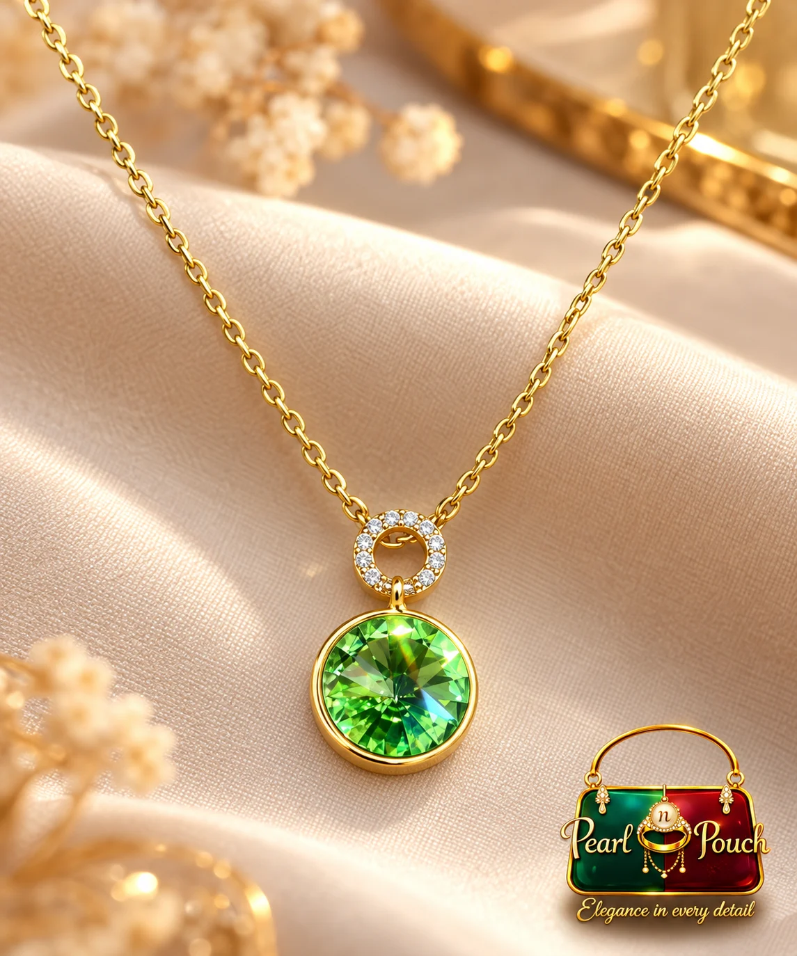 Elegant Zuping 18K Gold Plated Zirconia Green Stone Necklace (2) Premium 18K Gold Plated Zirconia Green Stone Necklace by Zuping with a 1.2 cm green pendant stone and circular zirconia ring