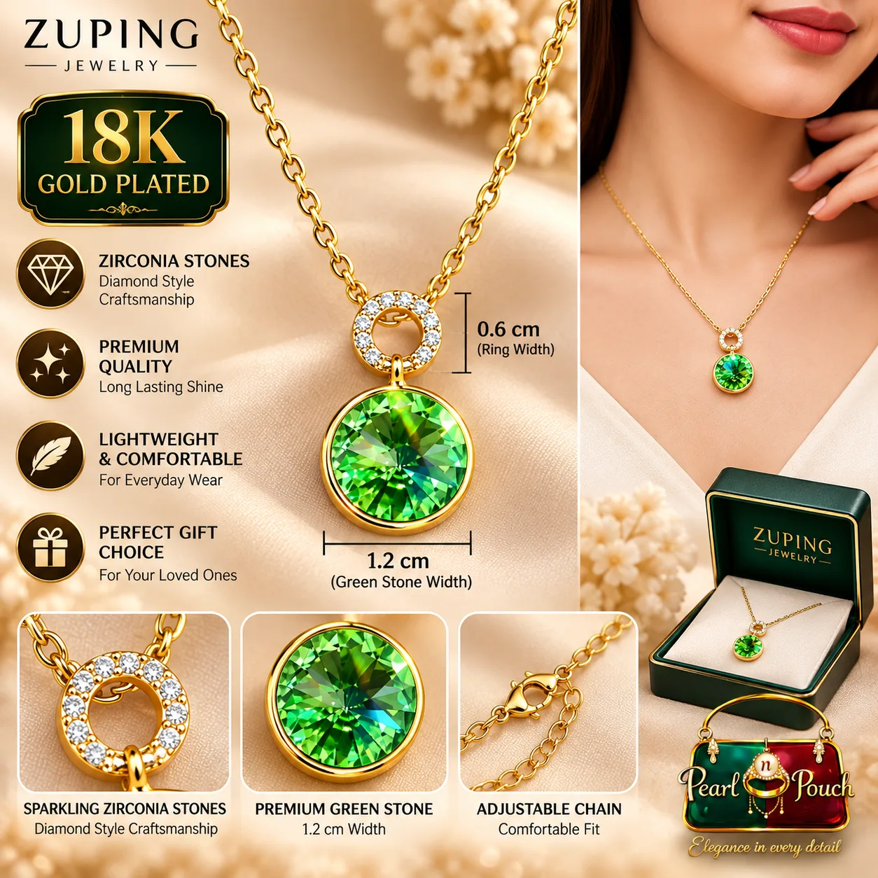 Elegant Zuping 18K Gold Plated Zirconia Green Stone Necklace (3)
