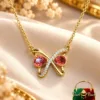 Premium 18K Gold Plated Zirconia Green Stone Necklace by Zuping with a 1.2 cm green pendant stone and circular zirconia ring