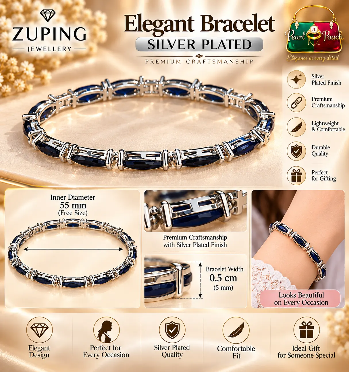 Elegant Zuping Silver-Plated Blue Stone Bracelet (5)