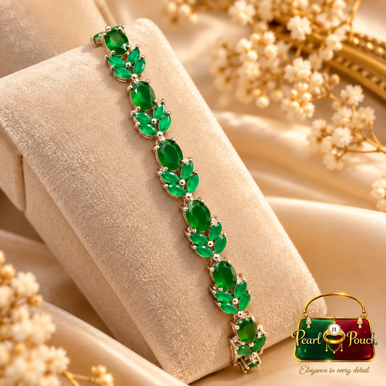 Elegant Zuping Silver-Plated Green Zirconia Bracelet (4) Elegant Zuping Silver-Plated Zirconia Bracelet with green oval and leaf-shaped stones