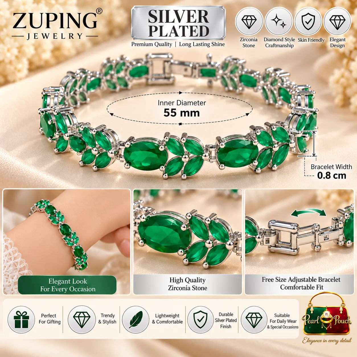Elegant Zuping Silver-Plated Green Zirconia Bracelet (7)