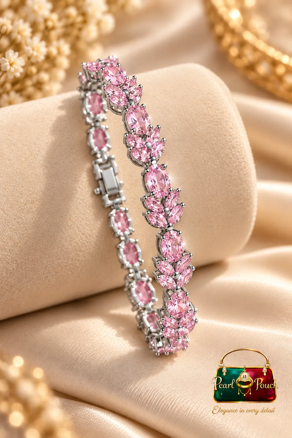 Elegant Zuping Silver-Plated Pink Zirconia Bracelet (2) Elegant Silver-Plated Pink Zirconia Bracelet by Zuping with floral-inspired design