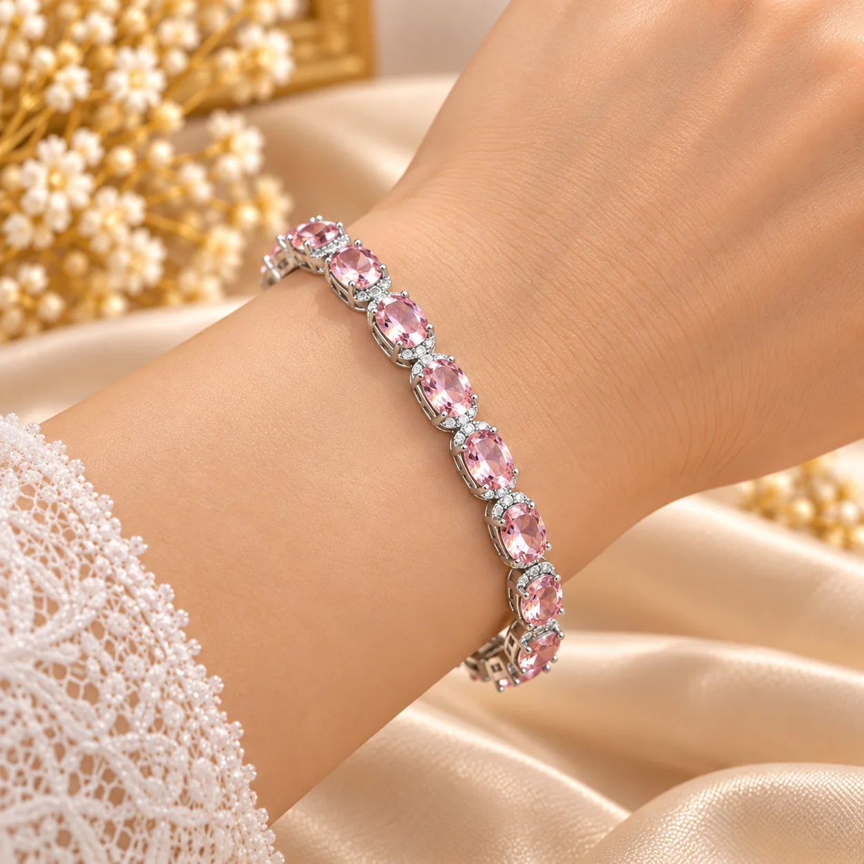 Elegant Zuping Silver-Plated Pink Zirconia Bracelet (2)